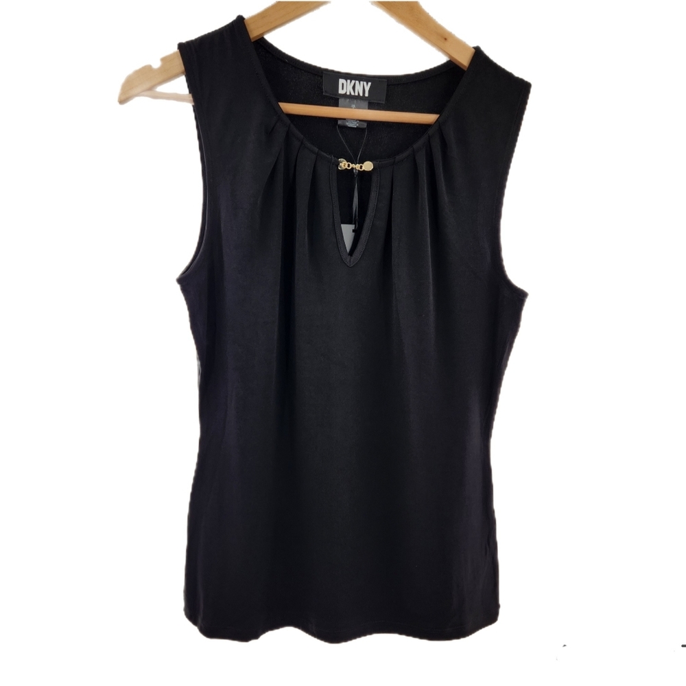DKNY Black Sleeveless Top with Gold Chain Detail Womens Size Small